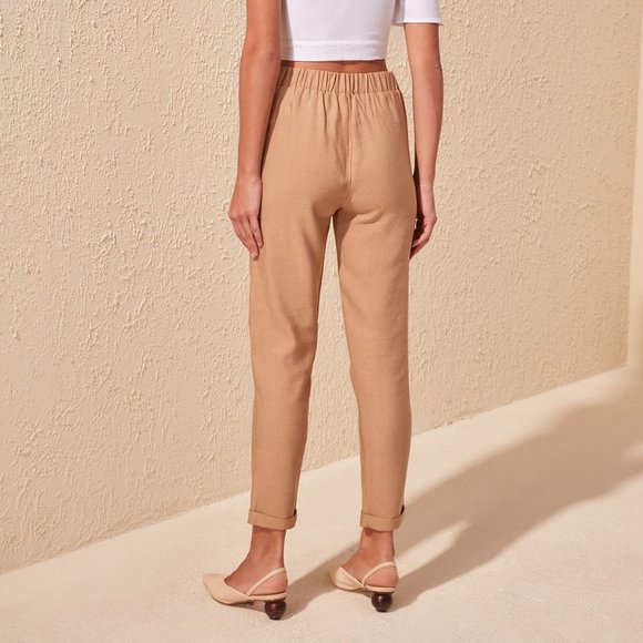 Woman Ankle Cropped Tan Tie Pants Small - Picture 4 of 4